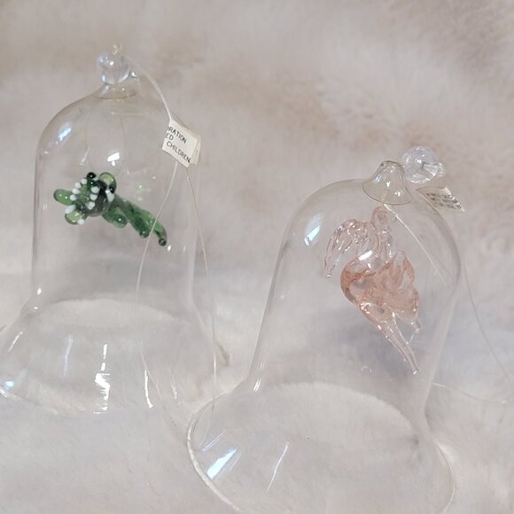5 VTG Clear Glass Bells with Wooden / Glass Figurines Inside Christmas Ornaments - Picture 6 of 11